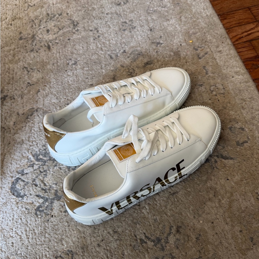 Mens Versace Greca Logo White Leather Sneakers with Gold Heel Tab 14US/47EU